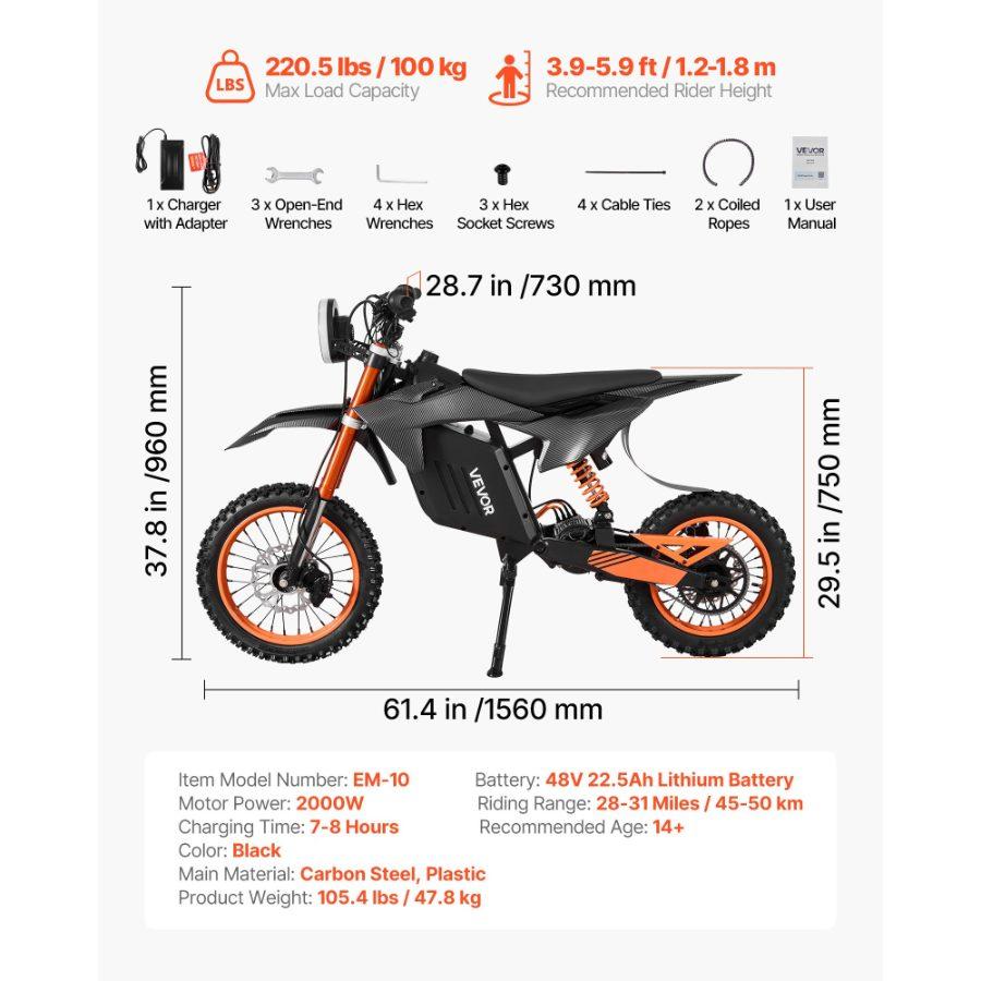 VEVOR Electric Dirt Bike for Teens Adults, 2000W Motor, 31 MPH Speed, 31 Miles Max Range, 48V 22.5Ah Battery, Off-Road Motorcycle with Light, Display, Dual Suspension Hydraulic Brakes for Age 14+