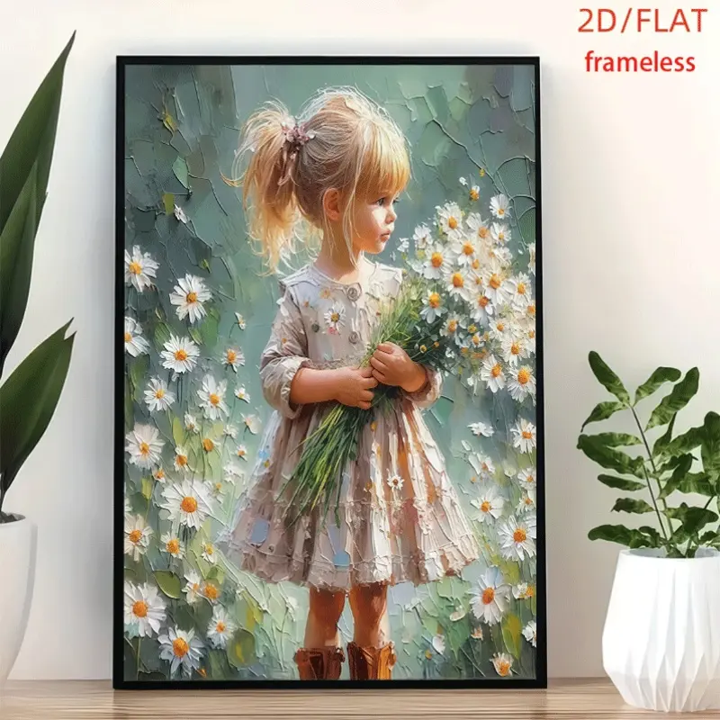 frameless Little Girl With Daisies Art Poster Art Decor Print Poster, Wall Art for Living Room, Bedroom, Office, Dining Room & Bar, Perfect Gift & Home Decor, 12in x 16in