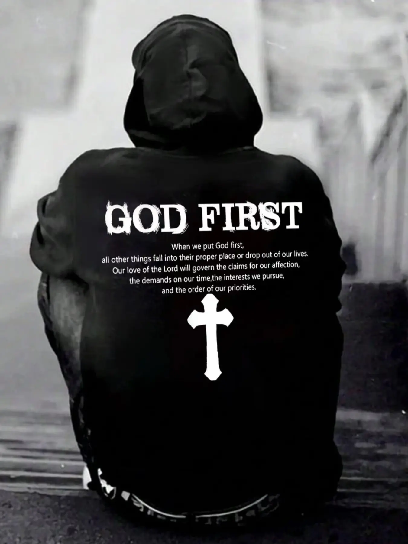 Men's Letter 'god' Cross Pattern Print Hoodie, Trendy Casual Loose-Fit Sweatshirt, Perfect Gift for Men