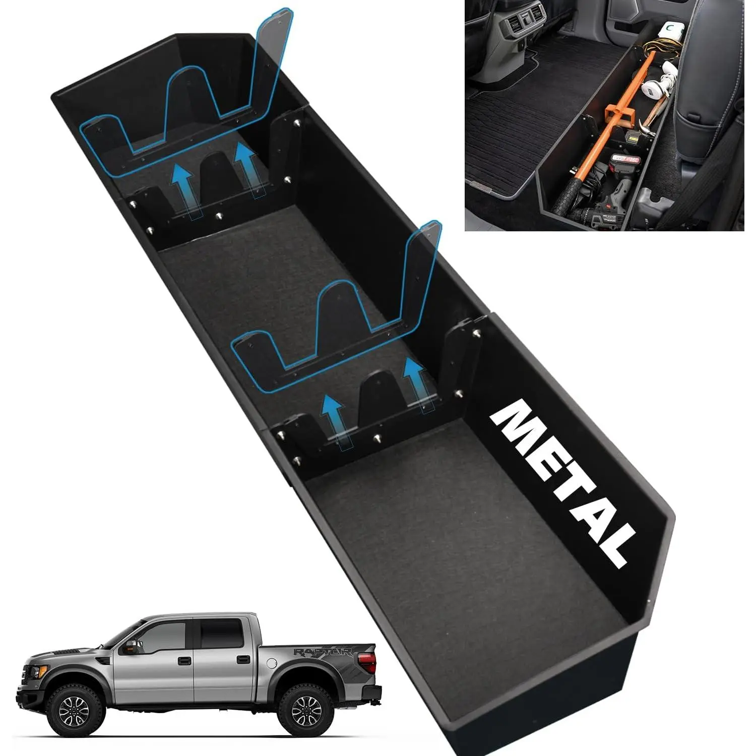 Metal Under Seat Storage for  F150 SuperCrew/Crew Cab 2015-2026 | for F250 F350 F450 F550 Super Duty 2017-2026, Heavy Duty  Rear Under Seat Organizer Cargo Box