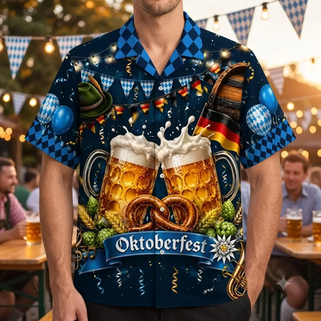 Men's Oktoberfest Hawaiian Shirt, Large Beer Mug Pretzel Bavarian Flag Edelweiss Hop Short Sleeve Cuban Collar Button‑Down Aloha Shirt for Oktoberfest Beer Festival Party