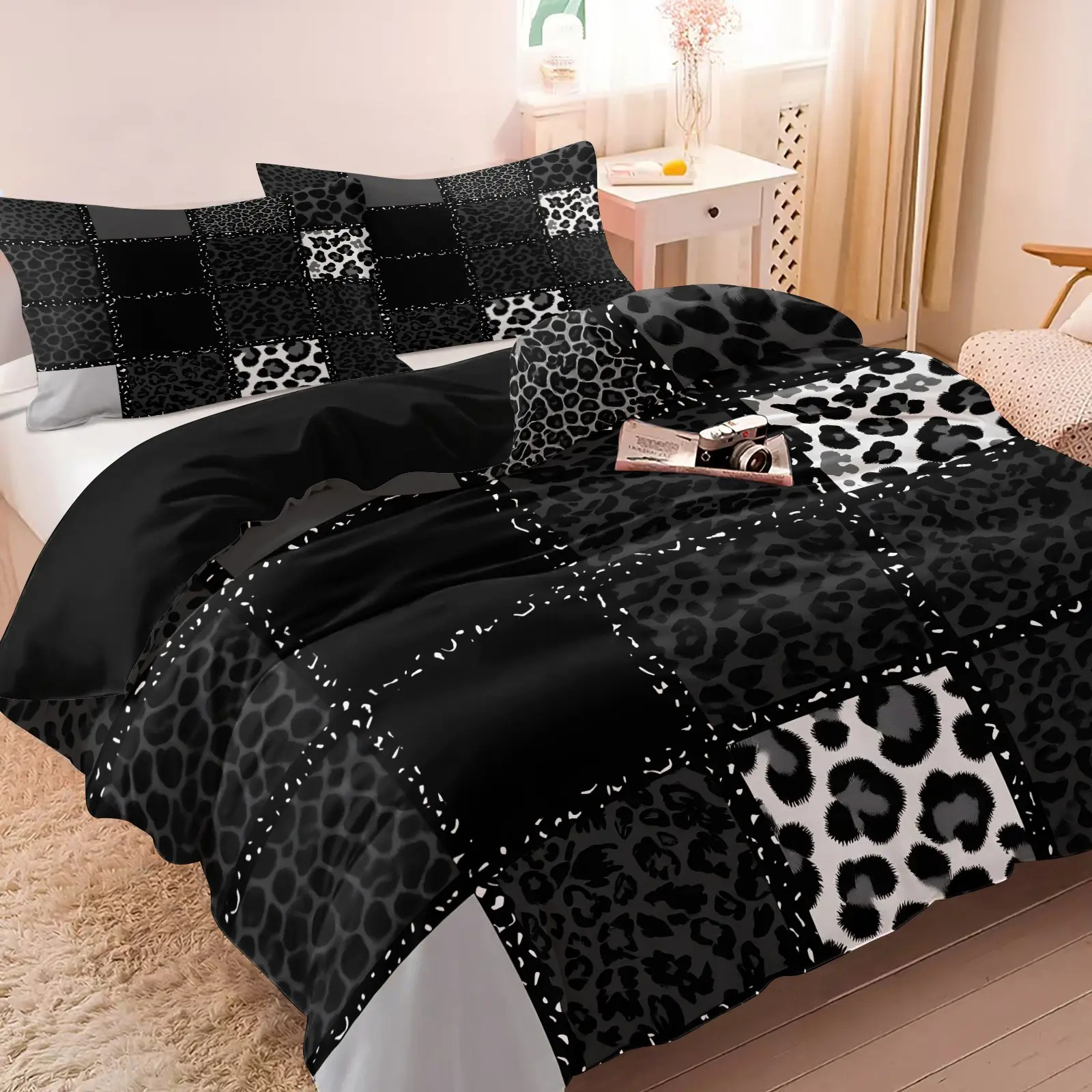 3Pcs Black Grey Patchwork Leopard Duvet Cover Set, Includes 1 Cover + 2 Pillowcases, Edgy Y2K Aesthetic Bedding Set, Soft Breathable Lightweight Fabric, Mixed Leopard Patchwork Print, Perfect For Teens Adults Bedroom & Dorm