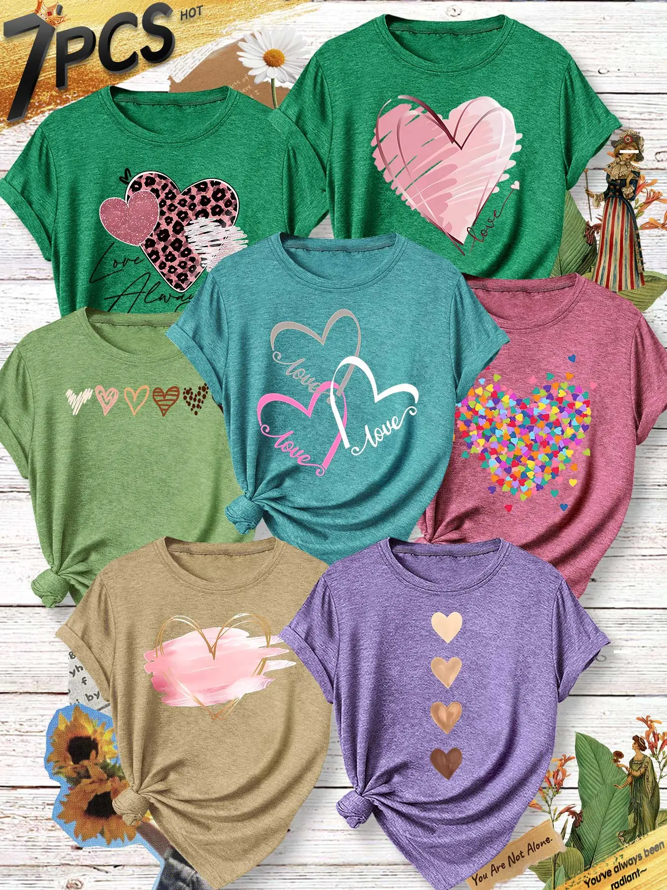 7Pcs Women Crew Tee, Color Confetti Heart Romantic Print, multi-color washable soft top