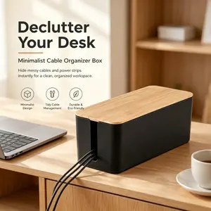 Minimalist Desk Wire Storage Box Bamboo Top Cable Management Holder Conceal Power Strip & Messy Charging Cords Space Saving Organizer