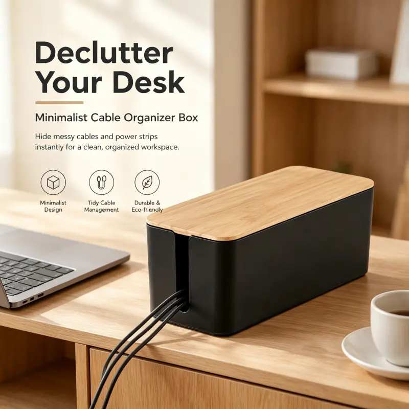 Minimalist Desk Wire Storage Box Bamboo Top Cable Management Holder Conceal Power Strip & Messy Charging Cords Space Saving Organizer