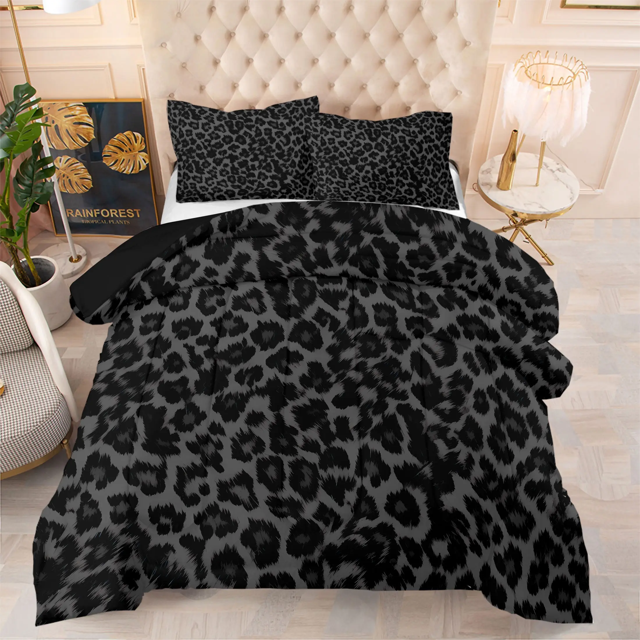 3pcs Black Grey Leopard Print Comforter Set, 1 Comforter + 2 Coreless Pillowcases, Soft Comfy Durable Breathable Washable All‑Season Bedding Set, Trendy Dark Animal Skin Art Print, Printed Bedding Set, Bedroom Decor for Teens & Adults