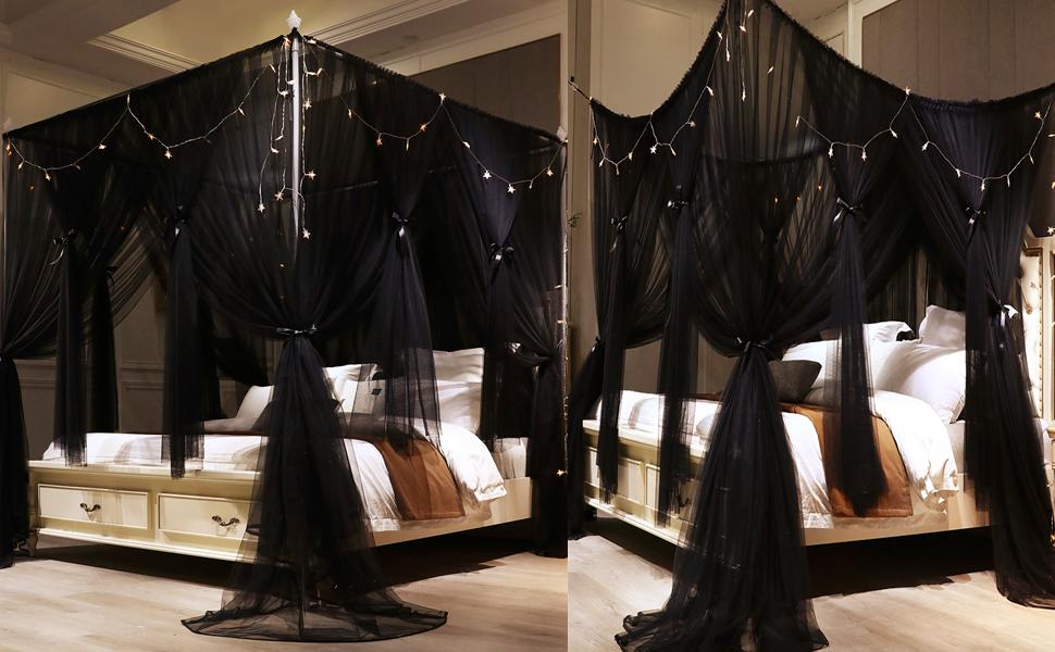 4 Corners Post Bed Layer Cozy Drape Netting 4 Opening Net for Girls & Adults Bedroom Decoration Accessories (Black, 53" W*78" L*82"*H/(Full))