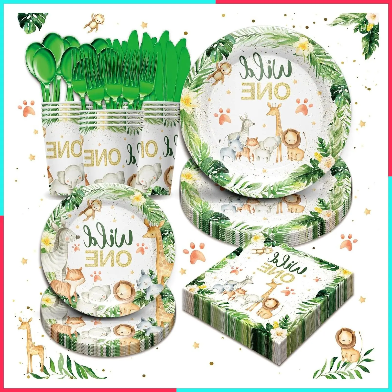 Wild One Birthday Party Supplies Tableware Set - 168 Pcs Safari Animal Jungle Theme Plates, Napkins, Cups, Cutlery for 24 Guests