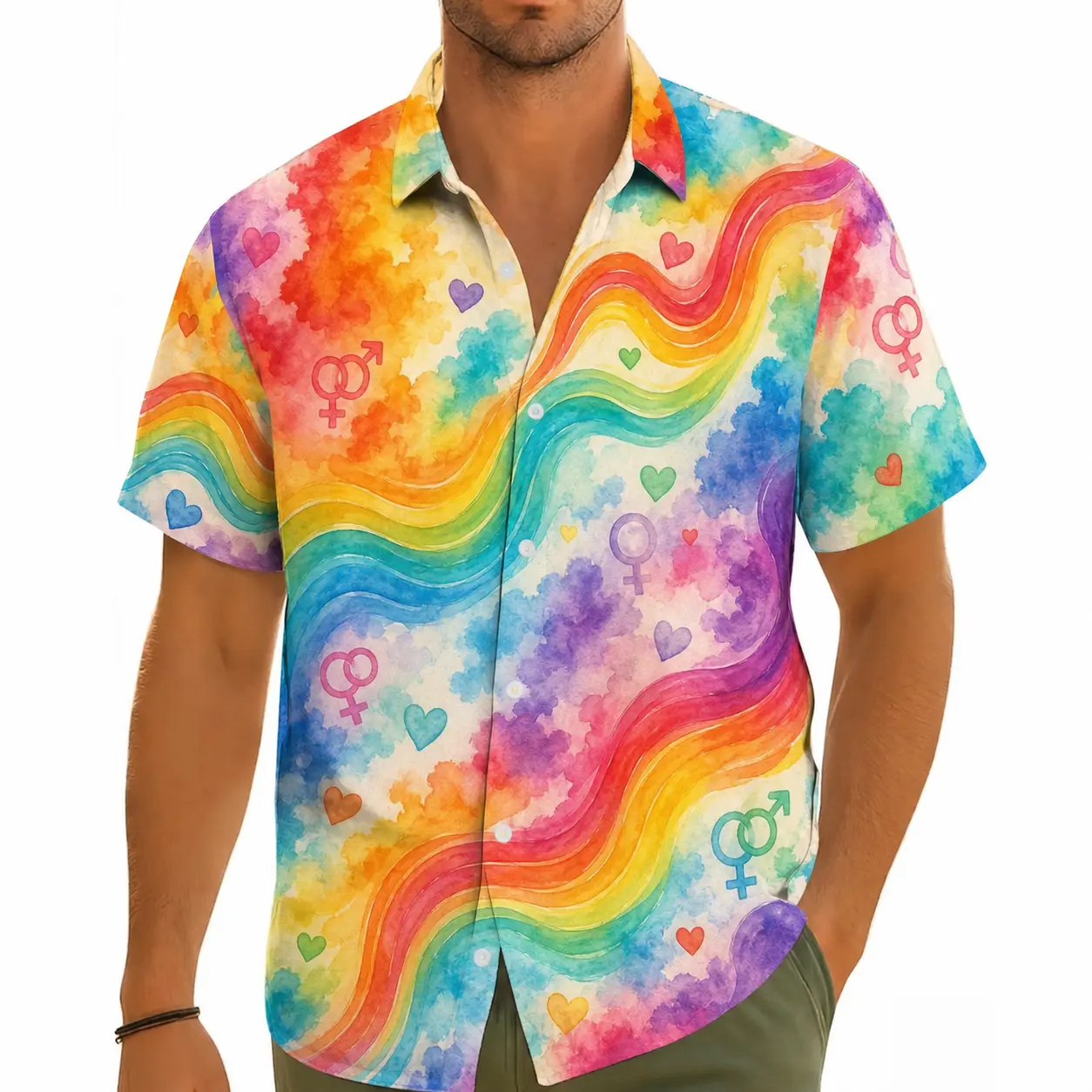 Men's Rainbow Pride Hawaiian Shirt LGBTQ Graphic Short Sleeve Button Down, Colorful Love Heart Gender Symbol Camp Collar Beach Shirt, Lightweight Summer Aloha Top for Men, Pride Parade Festival Outfit, Vacation Party Shirt, Inclusive Gift Casual Wear