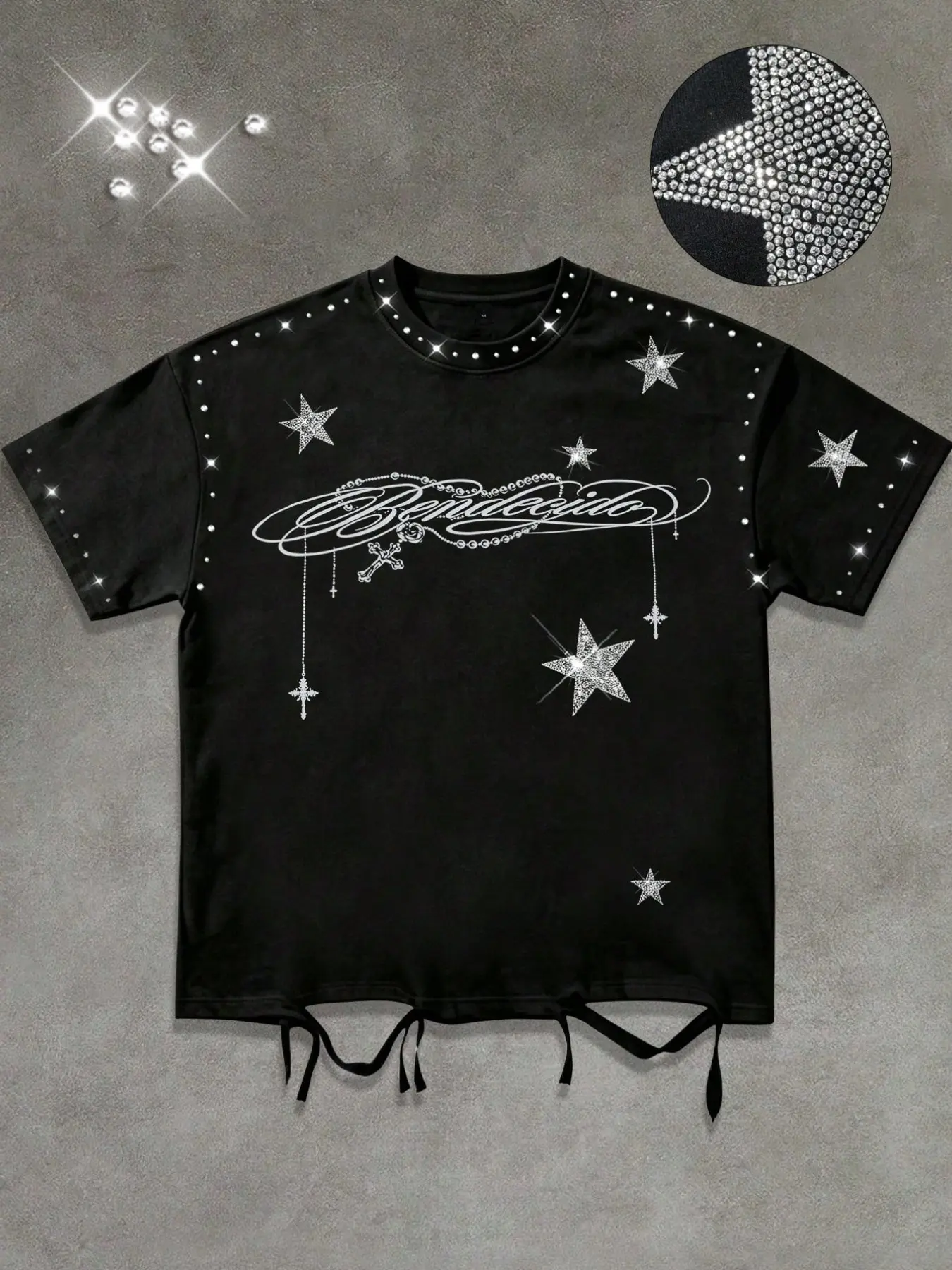 Men's/Unisex cotton short-sleeve T-shirt featuring a dark-style chain and cross print with rhinestone embellishments; includes a rhinestone-adorned neckline, distressed/ripped hem, and a loose, street-style hip-hop fit.