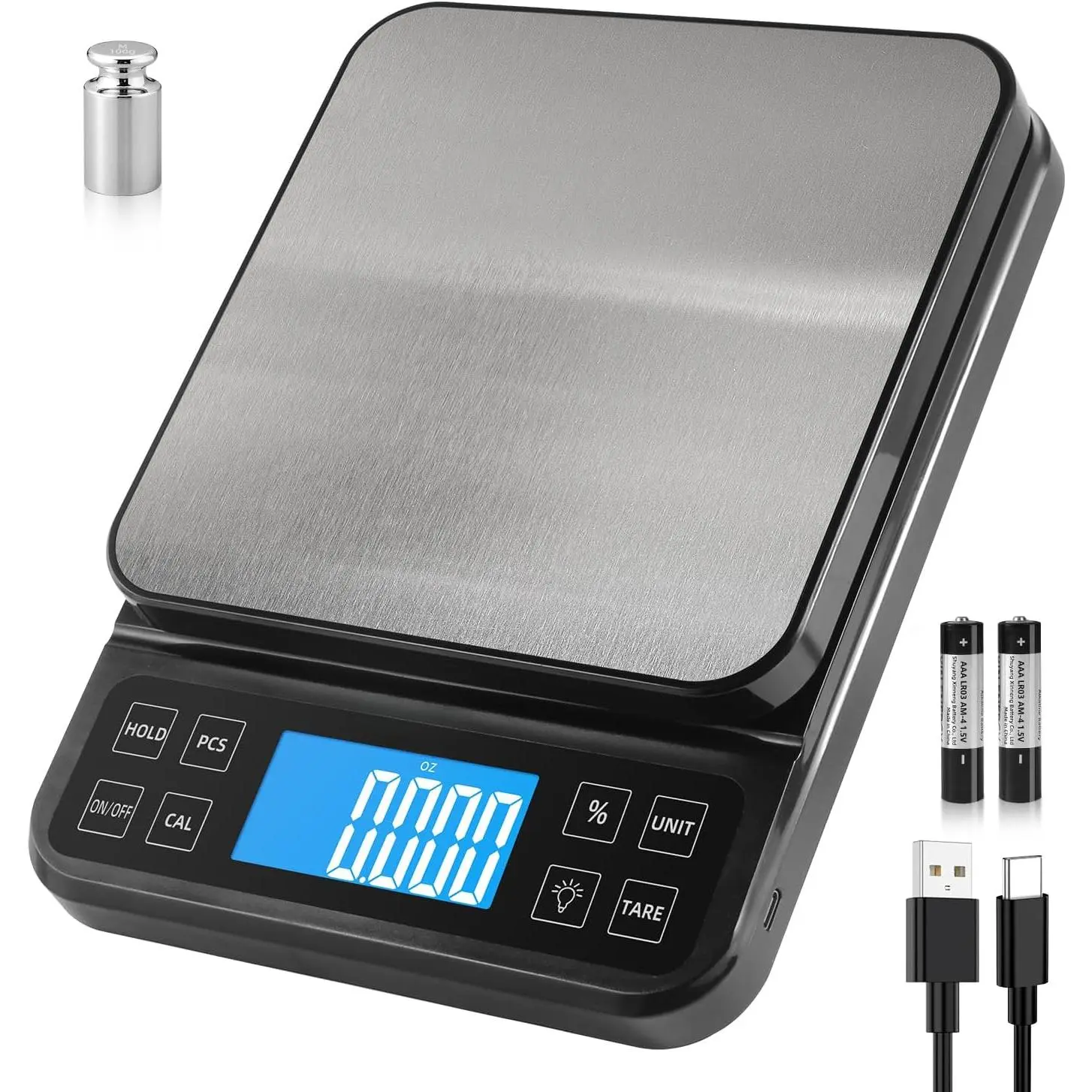 Large kitchen scale, with an accuracy of 0.1 grams/0.001 ounces, 5kg /11 pound baking scale, features percentage display, USB charging, full-view backlit LCD display, stainless steel weighing platform