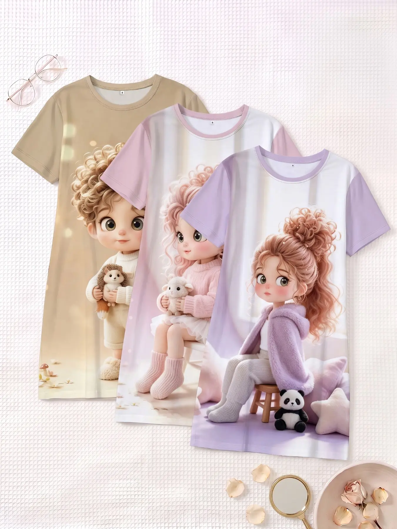 3-Piece Set Cute Doll Print Nightgowns, Short Sleeve Round Neck Women's Pajamas, Loose-Fit Home Wear Nightwear for Spring Summer Fall