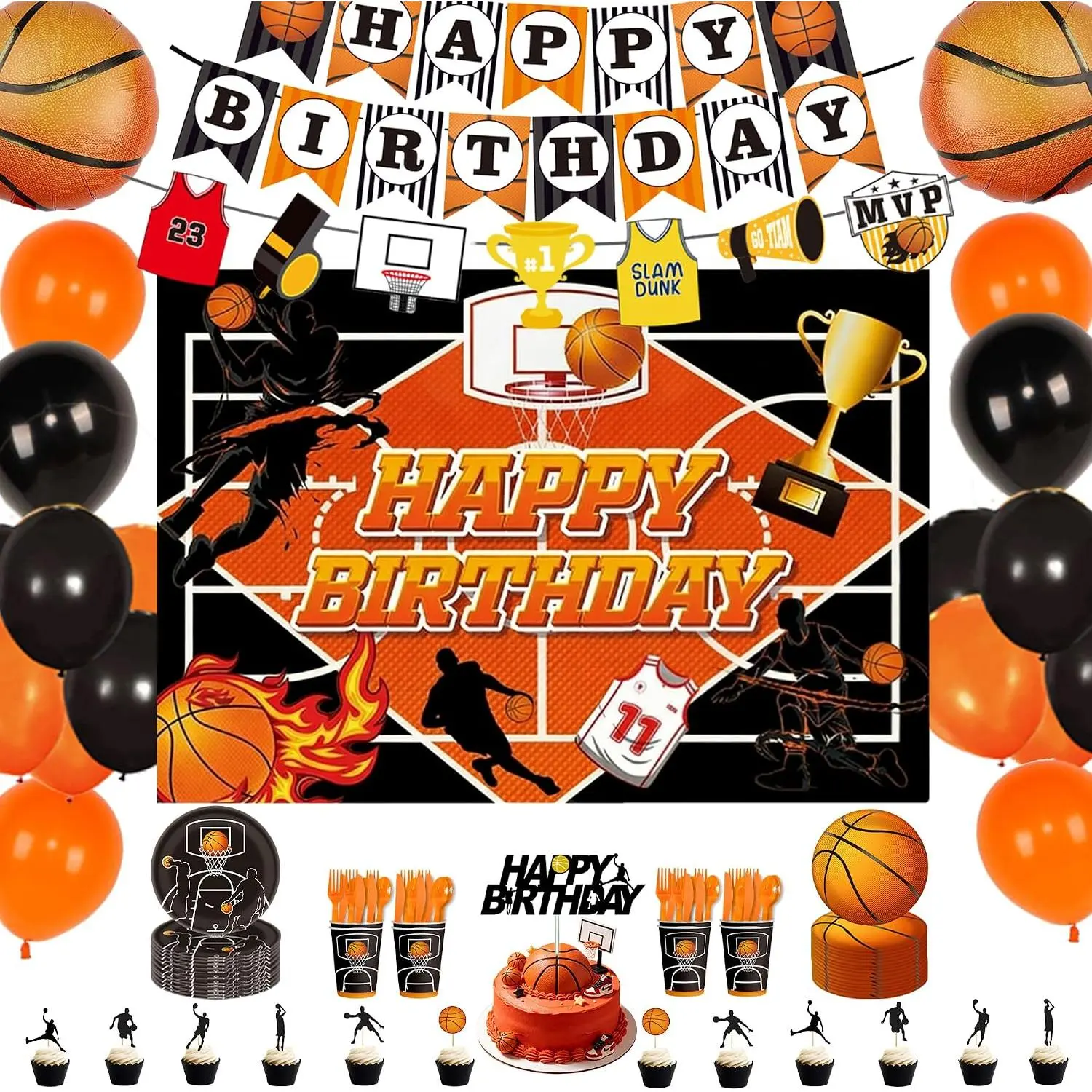 90Pcs Basketball Birthday Party Decorations & Supplies| Includes Banner, Garland, Cake Topper, Balloon, Backdrop & Tableware, Sports Theme Basketball Party Decorations & Supplies