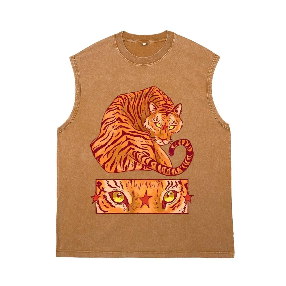 Aesthetic Streetwear Tank Top with a Vintage-Inspired Tiger & Star Graphic Print - Trending Unisex Washed Sleeveless Design, Menswear, Elegant, Vest Tops, Sexy, Cute, Party, Chic, Holiday, Washed Look, Vintage Tiger Art, Tiger Face Print