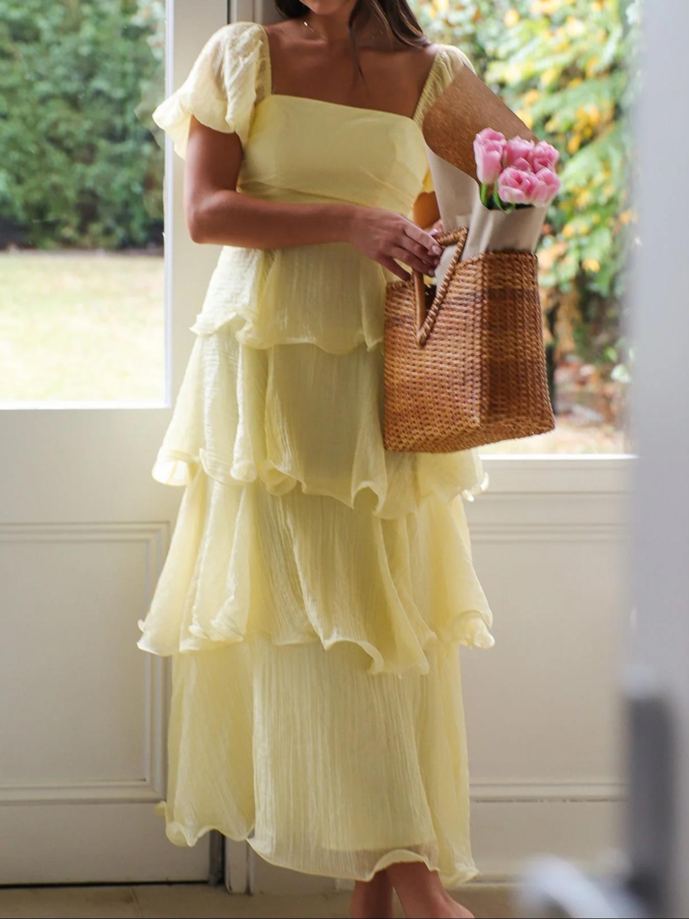 Elegant French Style Square Neck Bubble Sleeve Backless Layered Midi Dress, Casual Fitted Plain Design, Perfect for Vacation Wear