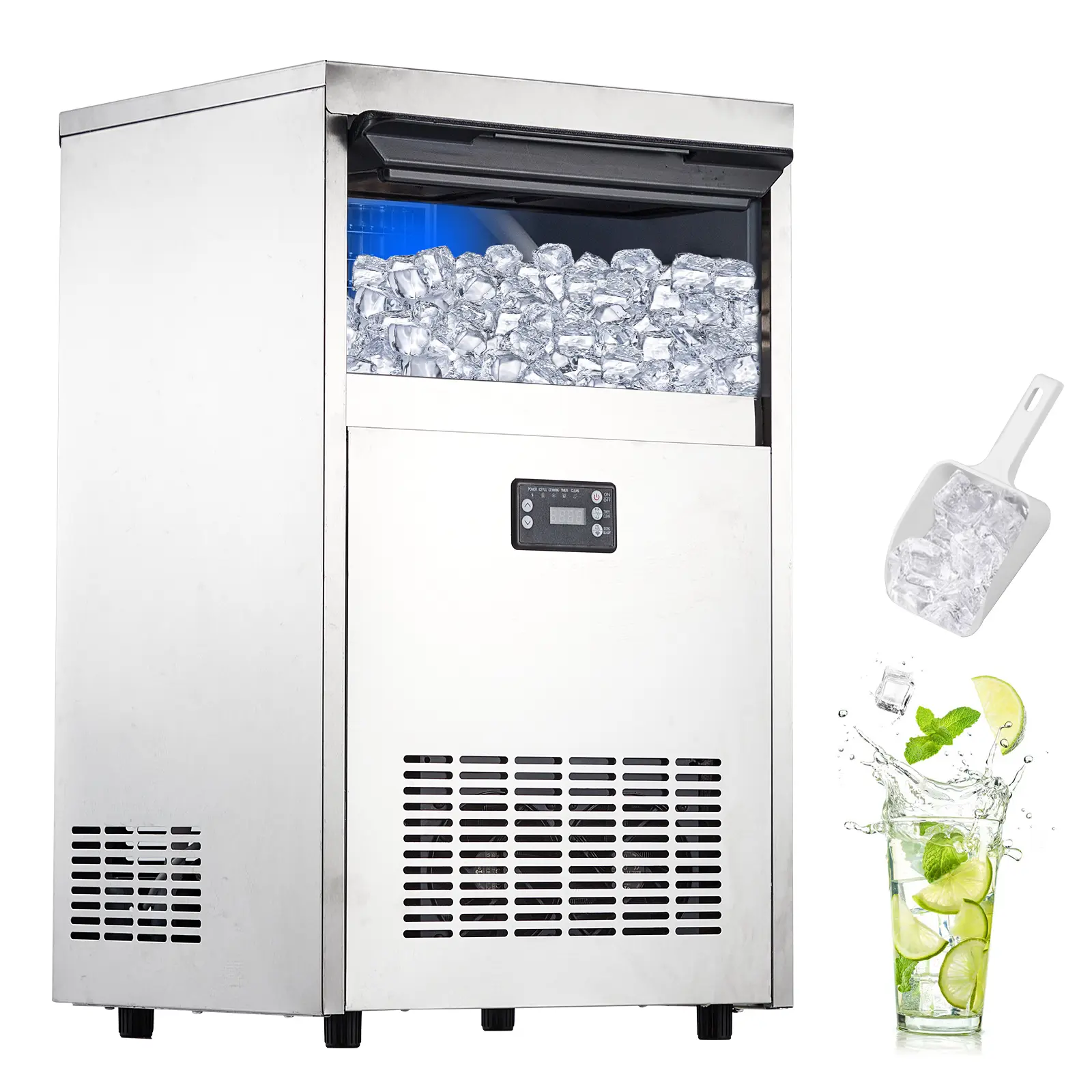 Stainless Steel Commercial Ice Maker, 120 Lbs Daily Ice Output with 45 Lbs Large Storage Bin, Auto Self-Cleaning Design, Freestanding & Undercounter Dual Installation for Home Kitchen, Bar and Restaurant