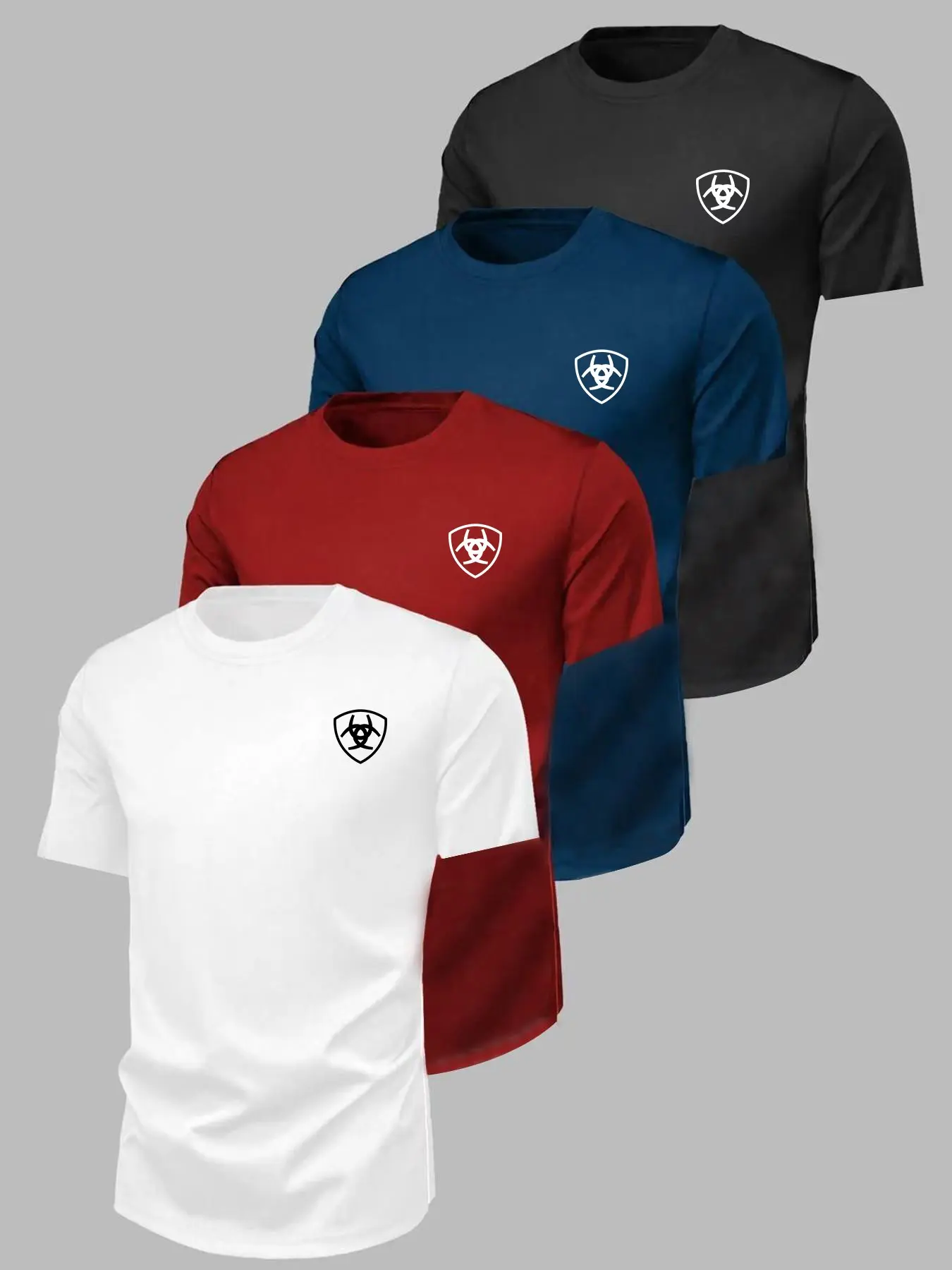 4-Pack Sporty Short Sleeves, Ideal for Gym Training & Outdoor Activities, Unisex Loose Fit, Quick-Dry Breathable Fabric, Shield Badge Design
