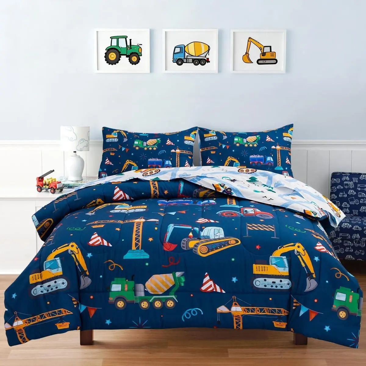 Trucks Tractors Cars Boy Bedding Comforter Set with Sheets, Full Size Cartoon Construction Car Excavator Print Kids Bed in A Bag 5-Piece, Boys Reversible Dorm Bed Sets (Navy Blue Full)