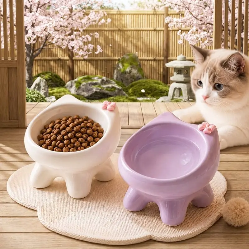 Elevated Ceramic Pet Bowl With Stand, Suitable For Cats And Small Dogs, Raised Food And Water Bowls, Featuring Glossy Ceramic With Cute Cat Face And Flower Patterns, Sanitary Elevated Feeder, Elevated Feeding Bowl, Ideal For Home Dining Use.