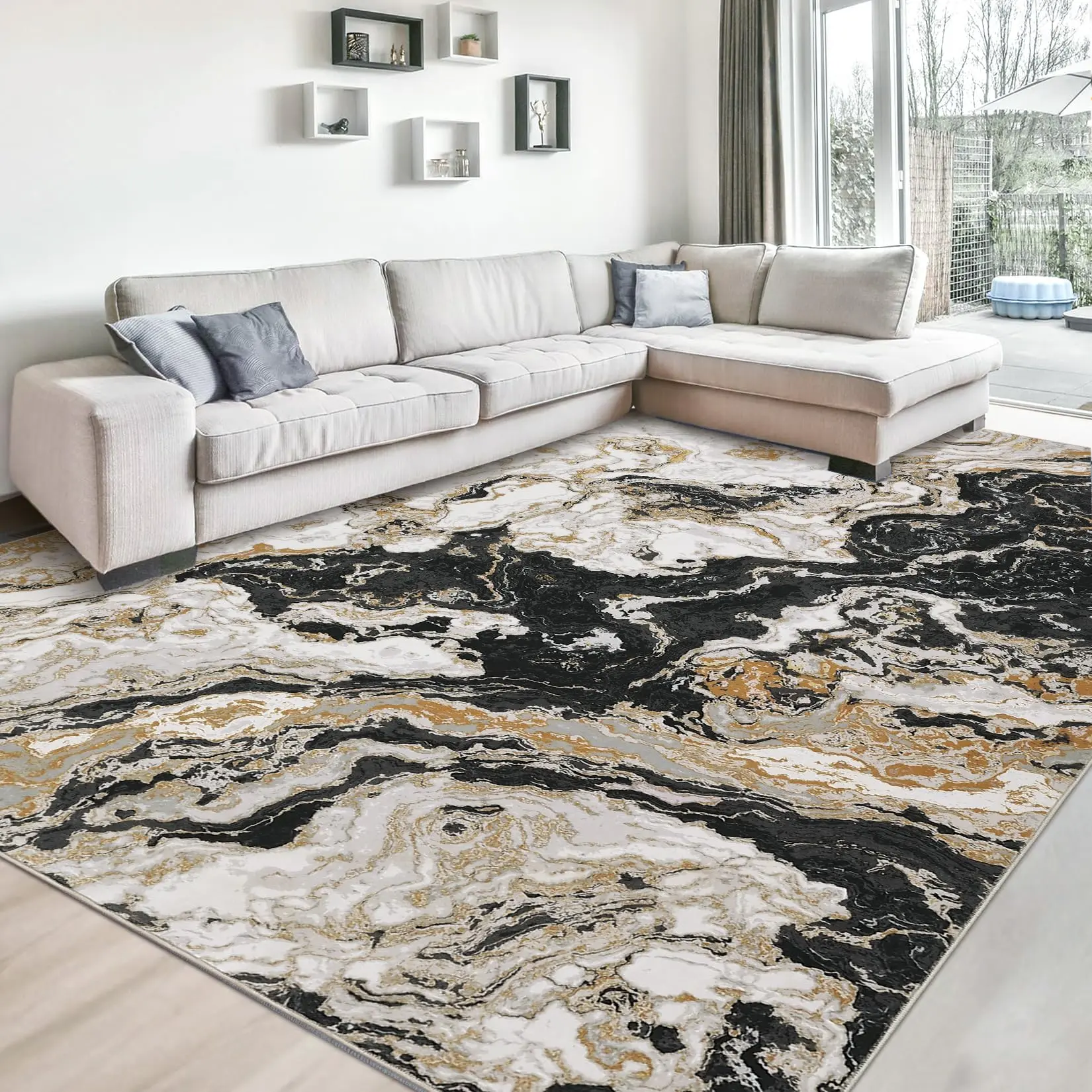 Garvee 8x10 Area Rug Washable Rugs Boho Abstract Living Room Rug, Ultra-Thin Modern Marble Design Indoor Floor Rug for Bedroom Kitchen Dining, Black