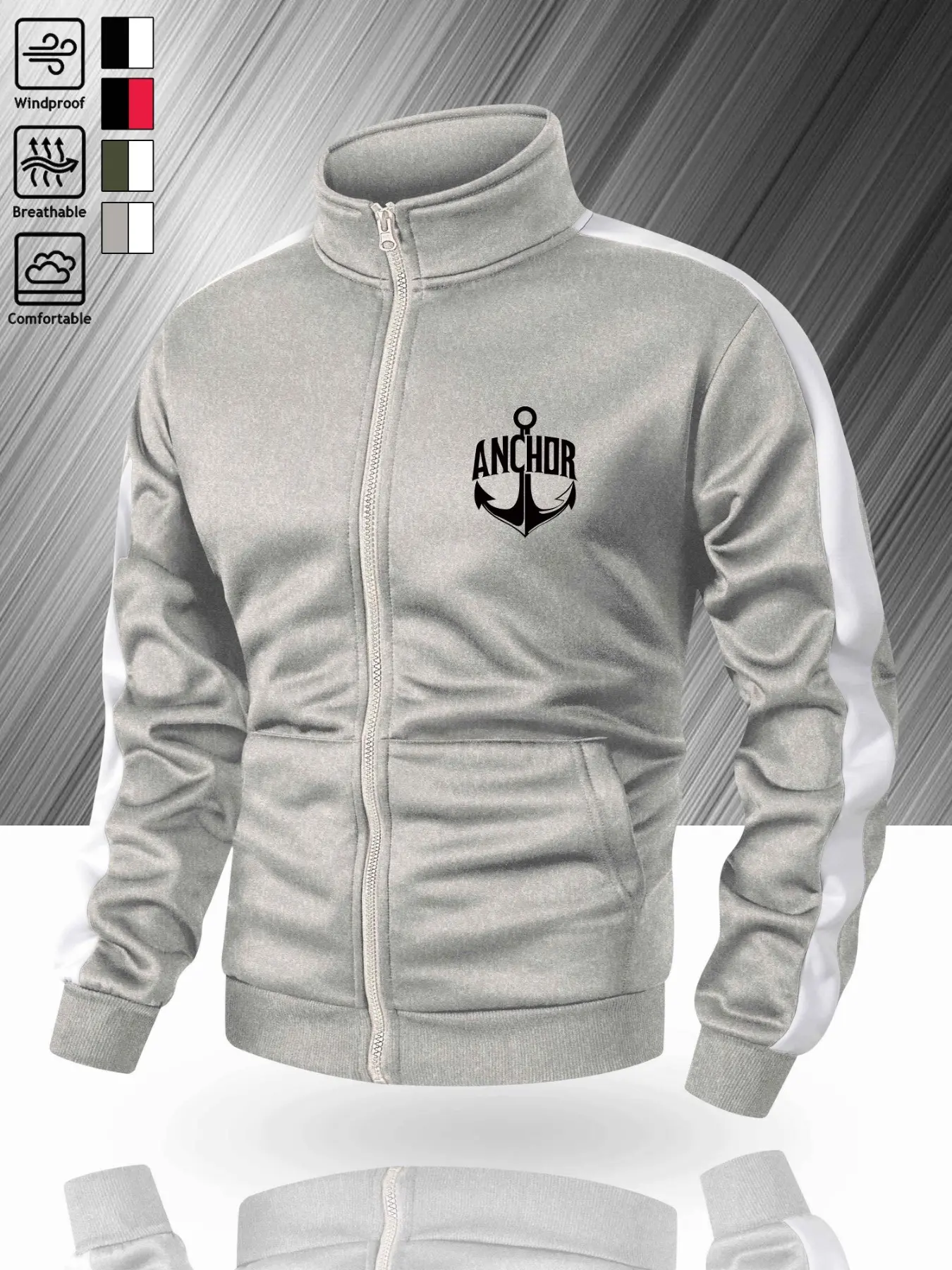 Men's Stand Collar Windproof Fitness Jacket, Vintage Anchor Print Sportswear, Side Stripe Classic Top, Loose-Fit Outerwear for Spring & Fall