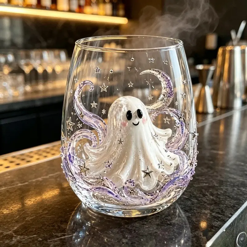 Halloween 3D Embossed Glass Cup, Spooky Cat, Pumpkin & Ghost Stemless Wine Glass, Holiday Table Decor, Creative Gift for Halloween Lovers