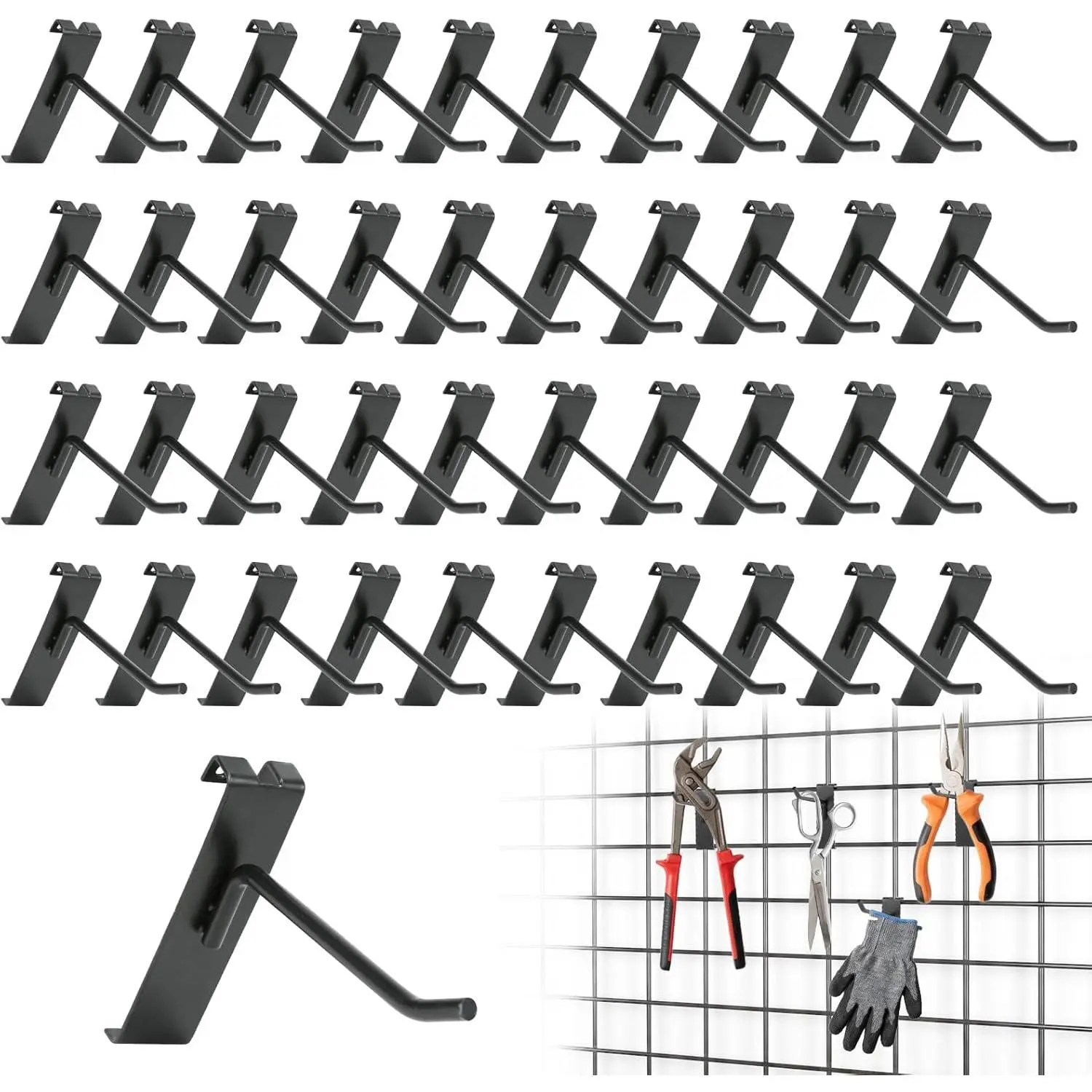 40-Pack 4-Inch Black Gridwall Panels Bulk Pack with Display Hooks, Upward Tilt Feature - Home Garage Organizer Grid Wall Accessory for Retail Shops