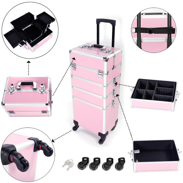 4 In 1 Aluminum Makeup Case Pink, Professional Cosmetic Storage Box for Makeup Tools Brushes and Accessories, Portable Beauty Organizer for Travel and Home Use