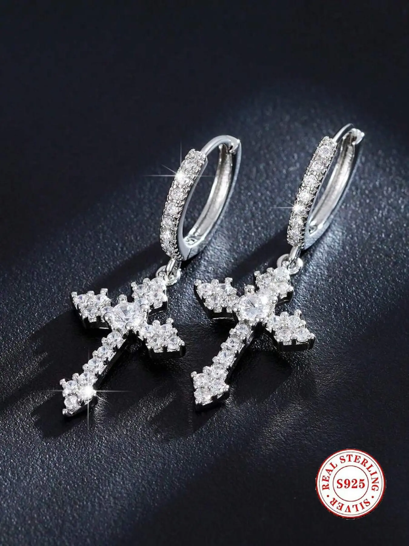 S925 Sterling Silver Cross Hoop Earrings, Hypoallergenic Zircon Cross Dangle Earrings. Available in silver and gold-plated finishes, Sparkling ear jewelry. Trendy gothic style, unisex versatile wedding jewelry Earrings For Sensitive Ears Shining Earrings