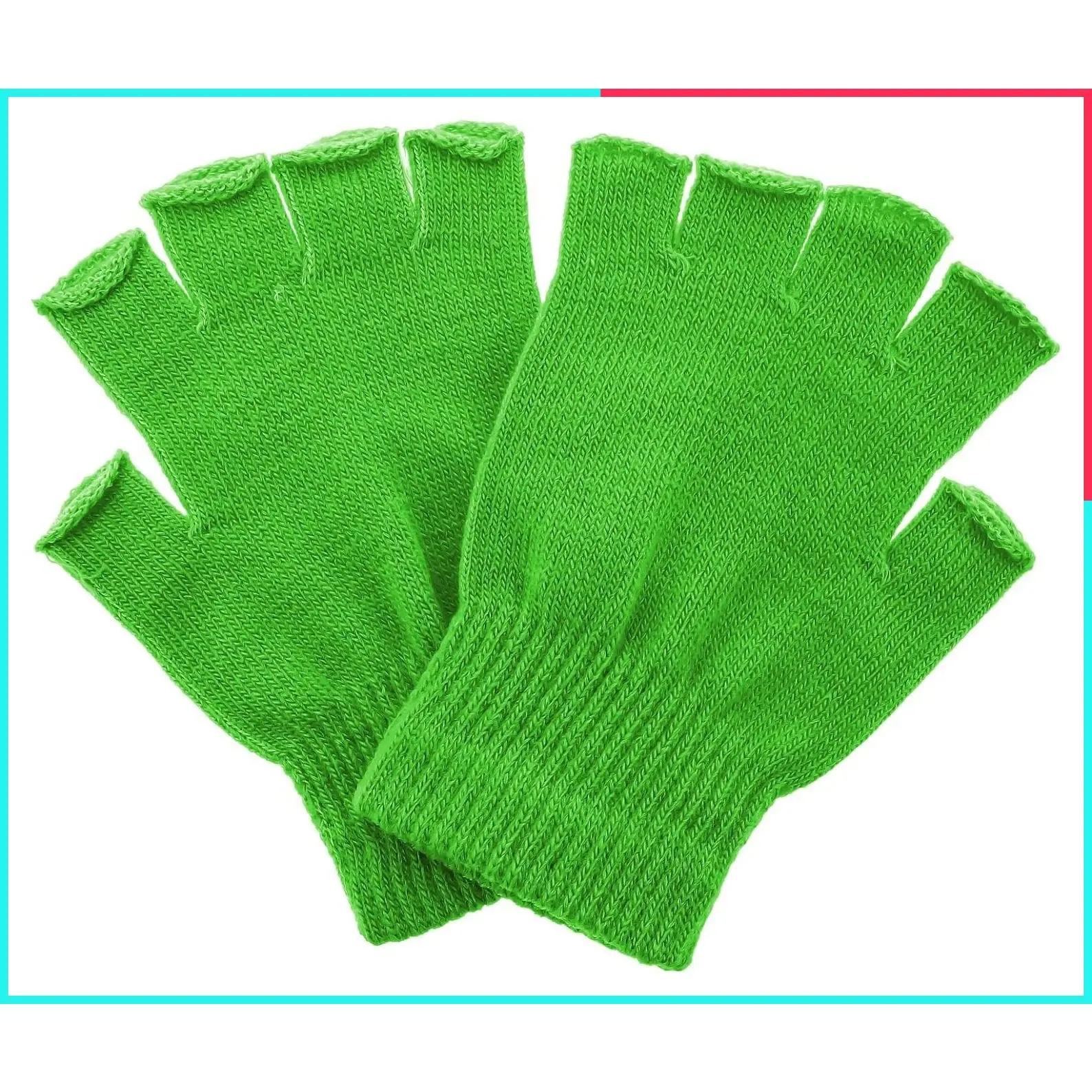 Green Winter Knit Fingerless Gloves Warm Stretch Half Finger Mittens for Typing, Unisex Women Men Girls Boys