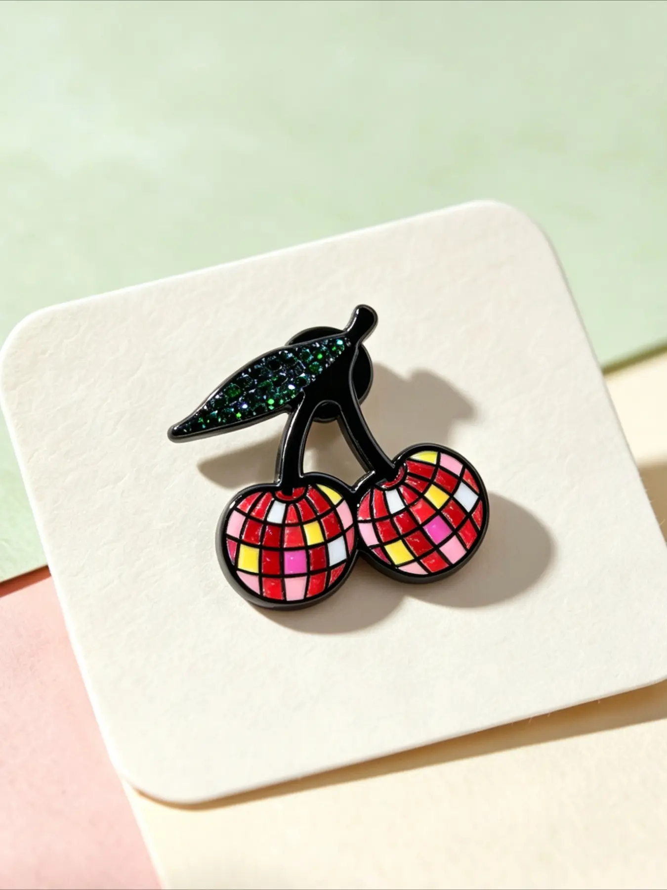 1PC Disco Ball Cherry Enamel Pin, Brooch Pins, Colorful Mosaic Fruit with Leaf Lapel Badge for Jacket Backpack Hat, Cute Y2K Gift for Music & Fruit Lovers