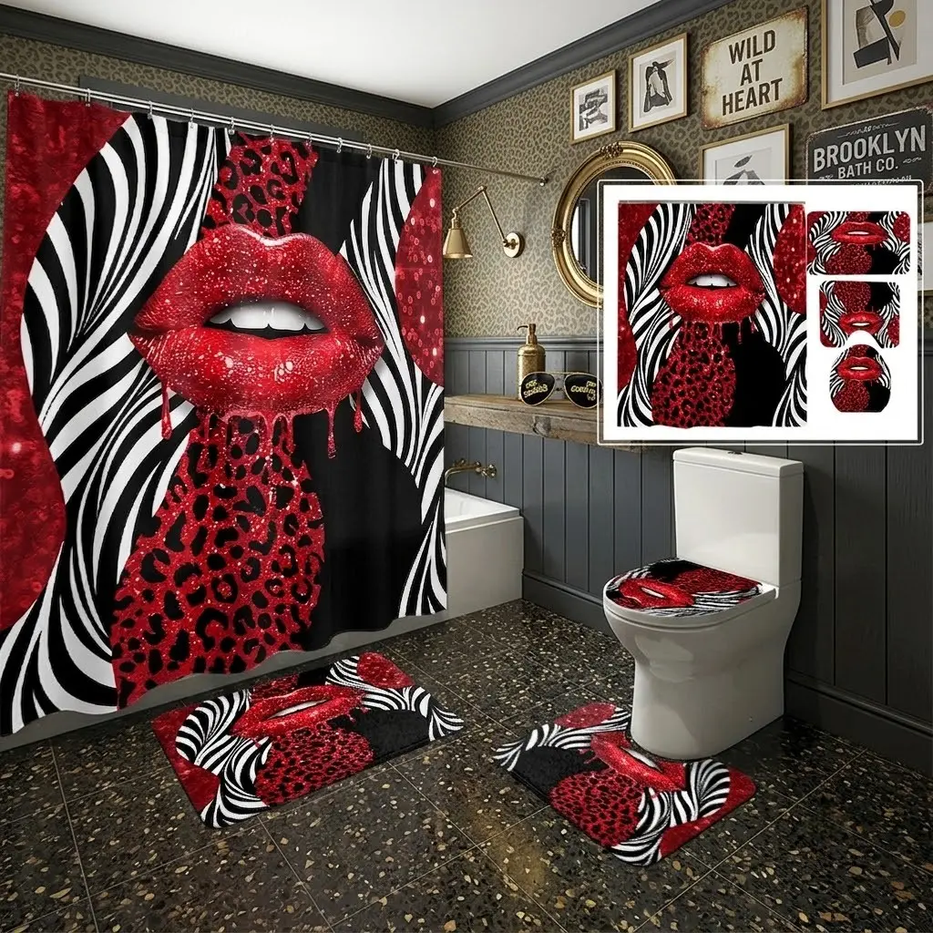 4pcs Glitter Lips Zebra Leopard Print Shower Curtain Set, Trendy Animal Pattern Bath Mat & Toilet Lid Cover,The floor mat fabric is thicker and softer!  Bold Glam Decor for Valentine's Day, Bathroom Decor and Accessories