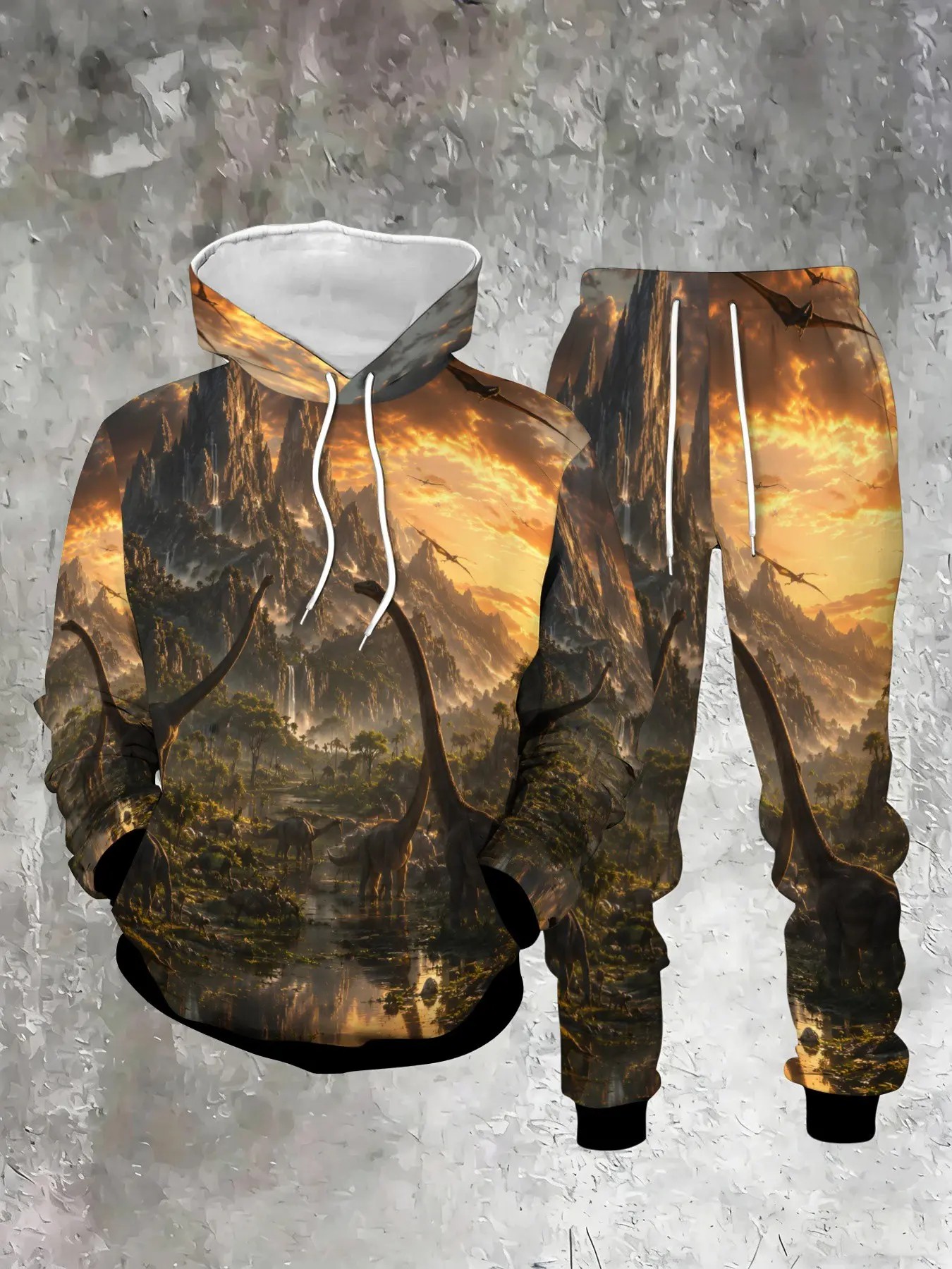 Jurassic World 3D Digital Print Hoodie Set, Men's Sporty Fitted Long Sleeve Top & Pants, Fall Winter Casual, Ankle Length