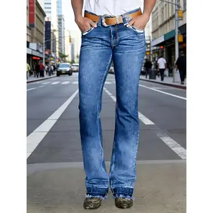 Women's Vintage Bootcut Bell-Bottom Jeans - Stretchy Skin-Friendly Pants with Tassel Fringe Hem, Mid-Rise Slim-Fit Length for Casual Wear (Machine Washable Retro Blue Wash)