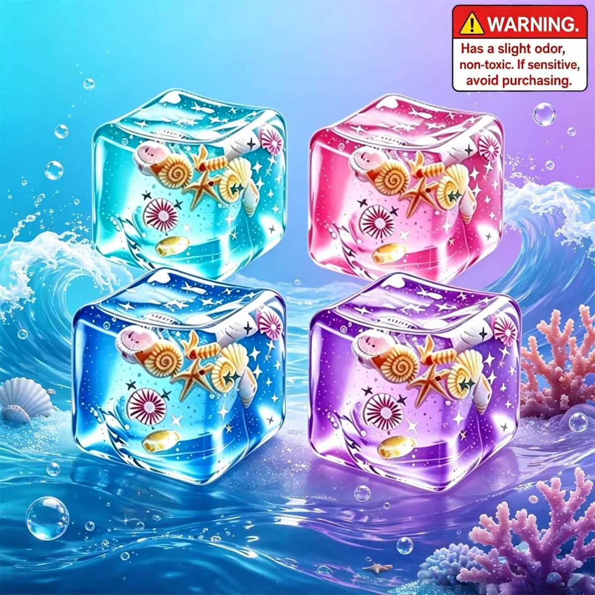 4-Piece Ice Cube Slow Rebound Stress Ball Set, Soft Sensory Toy with Ocean Shells, Pressure Relief, Unisex Relaxing Squeeze Toy, Squishy Cube