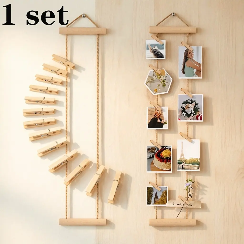 16-Piece Wooden Photo Wall Hanging Set, No Drilling Space-Saving Decor, Includes 1 Frame & 15 Clips, Ideal for Dorms, Bedrooms, Desks
