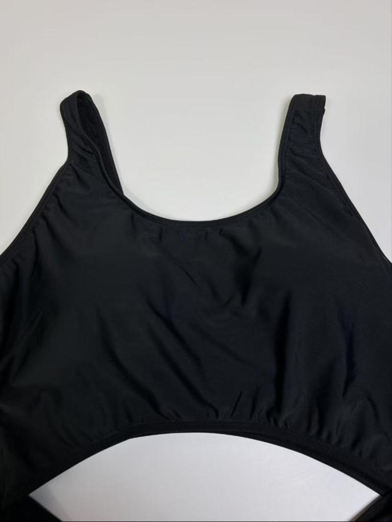 Plus Size Solid Cut Out One-pieces, Casual Sleeveless Backless Swim One-pieces for Beach Holiday Vacation, Women's Swimwear, Cutout Swim Suit, Swimsuit for Beach, Swimsuit Bodysuit