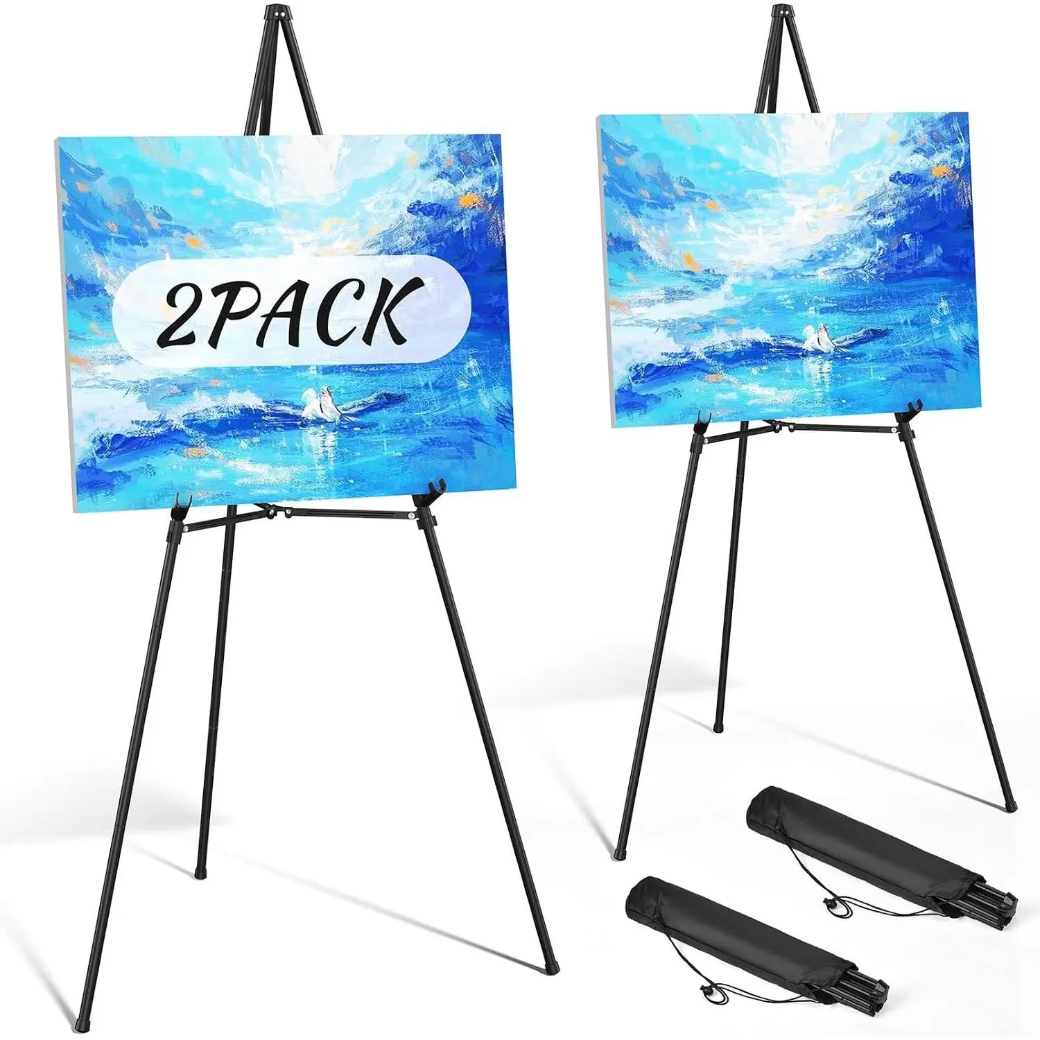 70" Adjustable Portable Metal Easel Stand for Display with Reinforced Support, Folding Easel for Wedding Sign Painting, Black 2 Pack