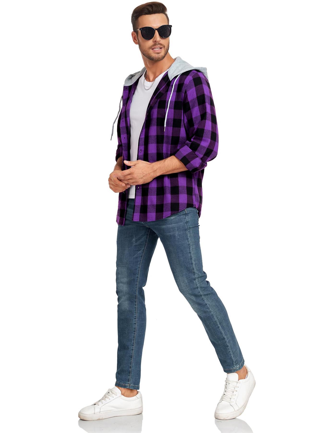 [Plus Size] Plaid Gingham Checkered Patchwork Button Front Hooded Jacket, Casual Streetwear Regular Fit Long Sleeve Drawstring Pocket Outerwear for Fall & Winter, Men's Clothes for Daily Wear Checked Fitted