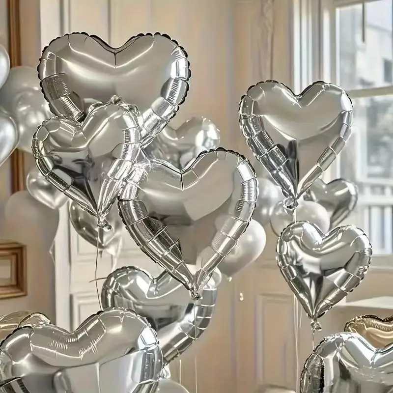 20pcs 18-Inch Heart-Shaped Silver Color Aluminum Foil Balloons, Wedding Birthday Party Anniversary Valentine's Day Decorations