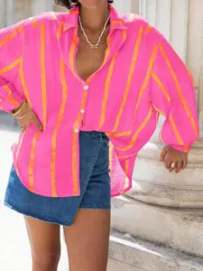 Striped Textured Shirt Blouses, Loose Oversize Collar Button Long Sleeve Sun Protection Jacket, Breathable Lightweight Casual Beachwear
