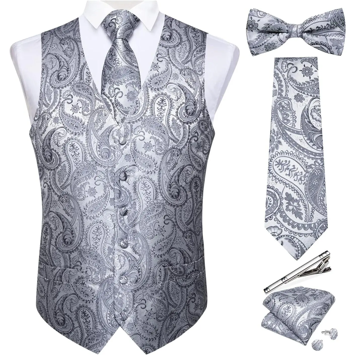 Men's Silk Paisley Vest and Necktie Set 6PCS Pre-tied Bow Tie Formal Waistcoat for Wedding Party