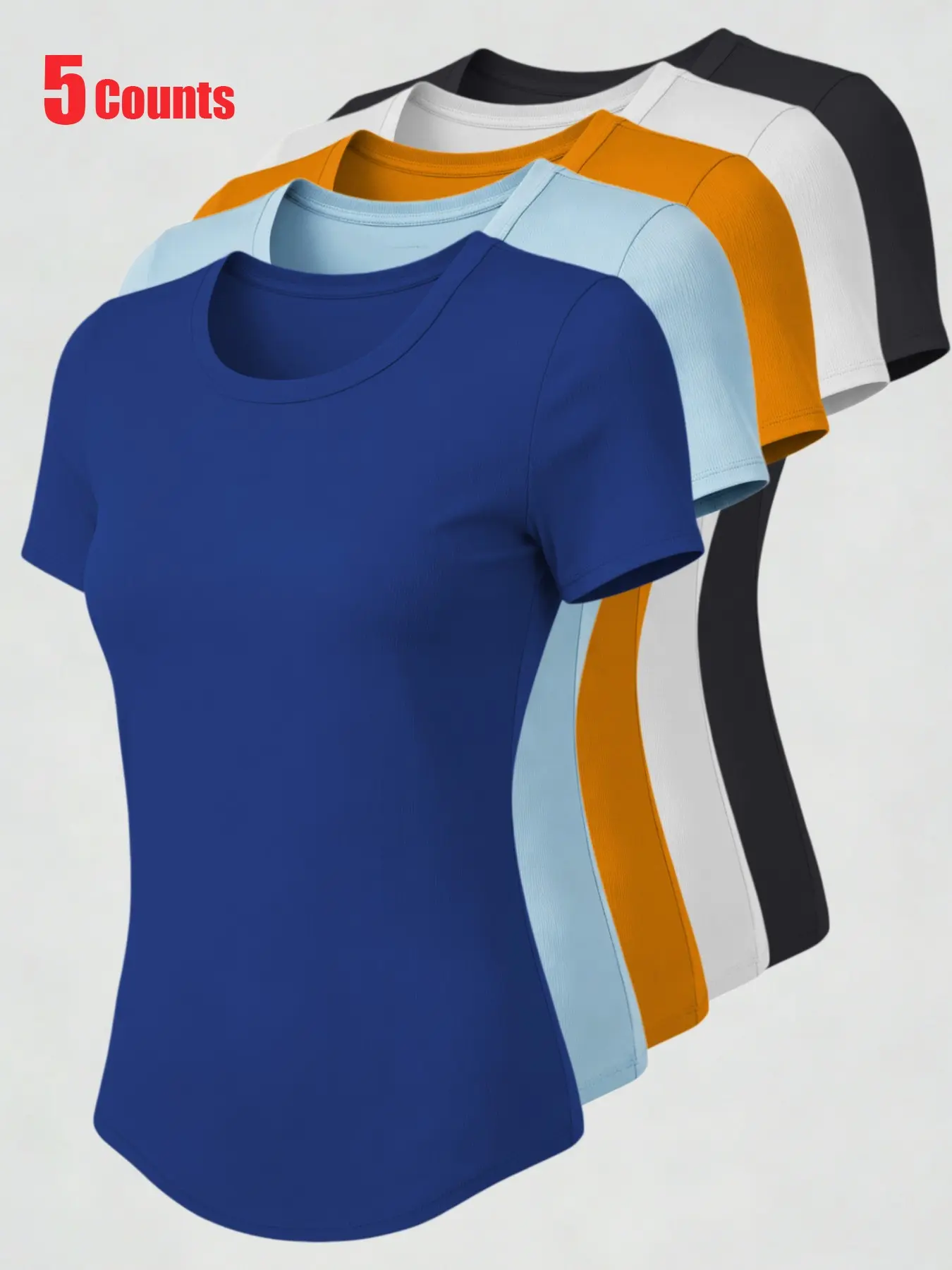 5 Pack European Style Vertical Rib Crew Neck Slim Fit Curved Hem Athletic Tops, Stretchy Quick Dry Yoga Layering Tees for Women