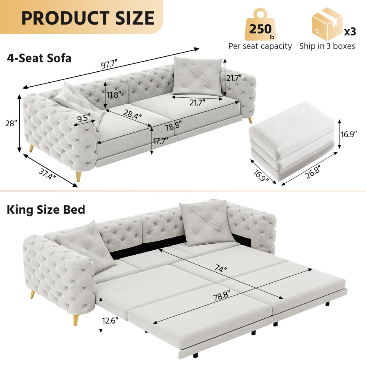97.7" 3-in-1 Convertible Sleeper Sofa,28.4" Deep Seat Pull Out Sofa Bed,Button Tufted Modern Sofa,4-Seater Couch with Movable Ottoman  for Apartment,Office,Bedroom,Light Grey(Old SKU:W1885S00203)    RR