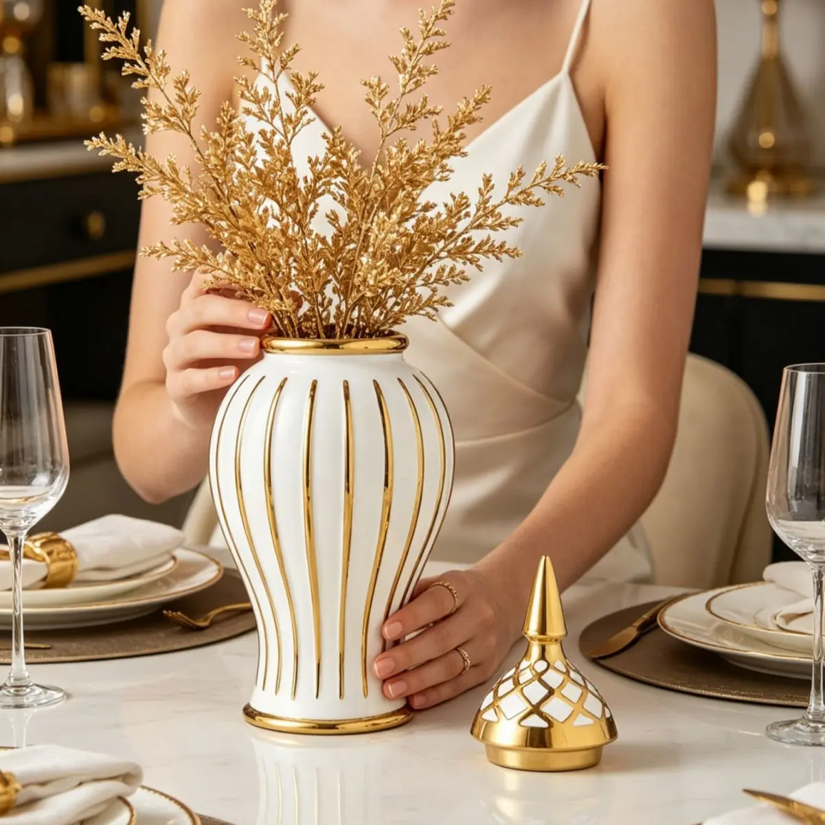 Luxury Gold Stripe Ceramic Jar with Lid, European Style Desktop Dried Flower Vase, Living Room Entryway Home Decor Ornament
