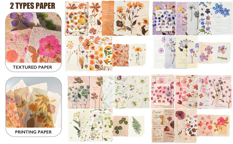 120 Pcs Scrapbook Paper  4 Floral Embossed TexturedRice Craft Paper Assorted Special Cards paper Mix for Scrapbooking Junk Journal Journaling Supplies Planner Bullet Collage