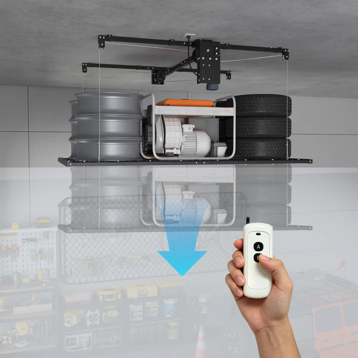 Motorized Remote Control Garage Ceiling-Mount Storage Rack, 4x8 FT, 450LBS Capacity, All Steel, Integrated Mechanical Safety Lock, Durable Organizer for 10-12 FT High Ceilings, Easy Assembly Required