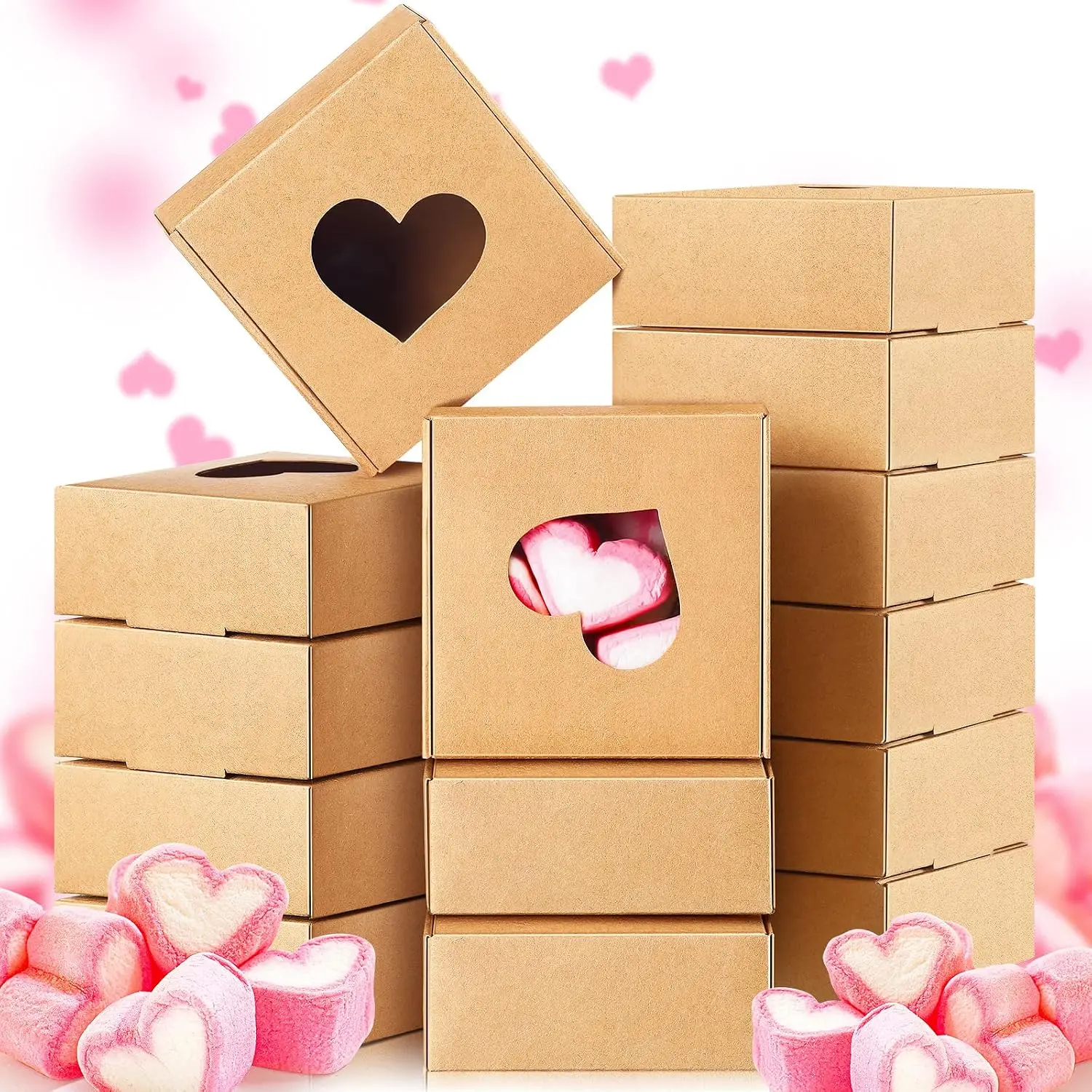 30 count Mini  Box with Clear Heart Shaped Window  Craft Paper Small Cookie Packaging Boxes 3 x 3 x 1. 2 Inch for Individual Cupcake Bakery Valentine Gifts Party (Brown)