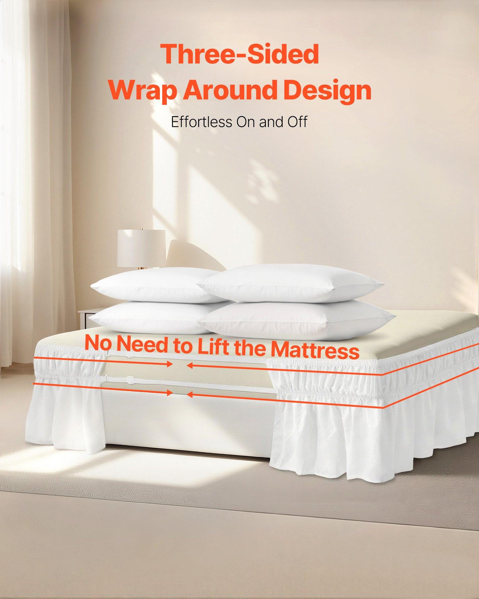 VEVOR Wrap Around Bed Skirt, 15 in Drop, White Dust Ruffle Queen Size, Three Sides Adjustable Bedskirt with Easy Fit Elastic Strap, Wrinkle-Free & Fade-Resistant, Machine Washable, for Queen Size Bed