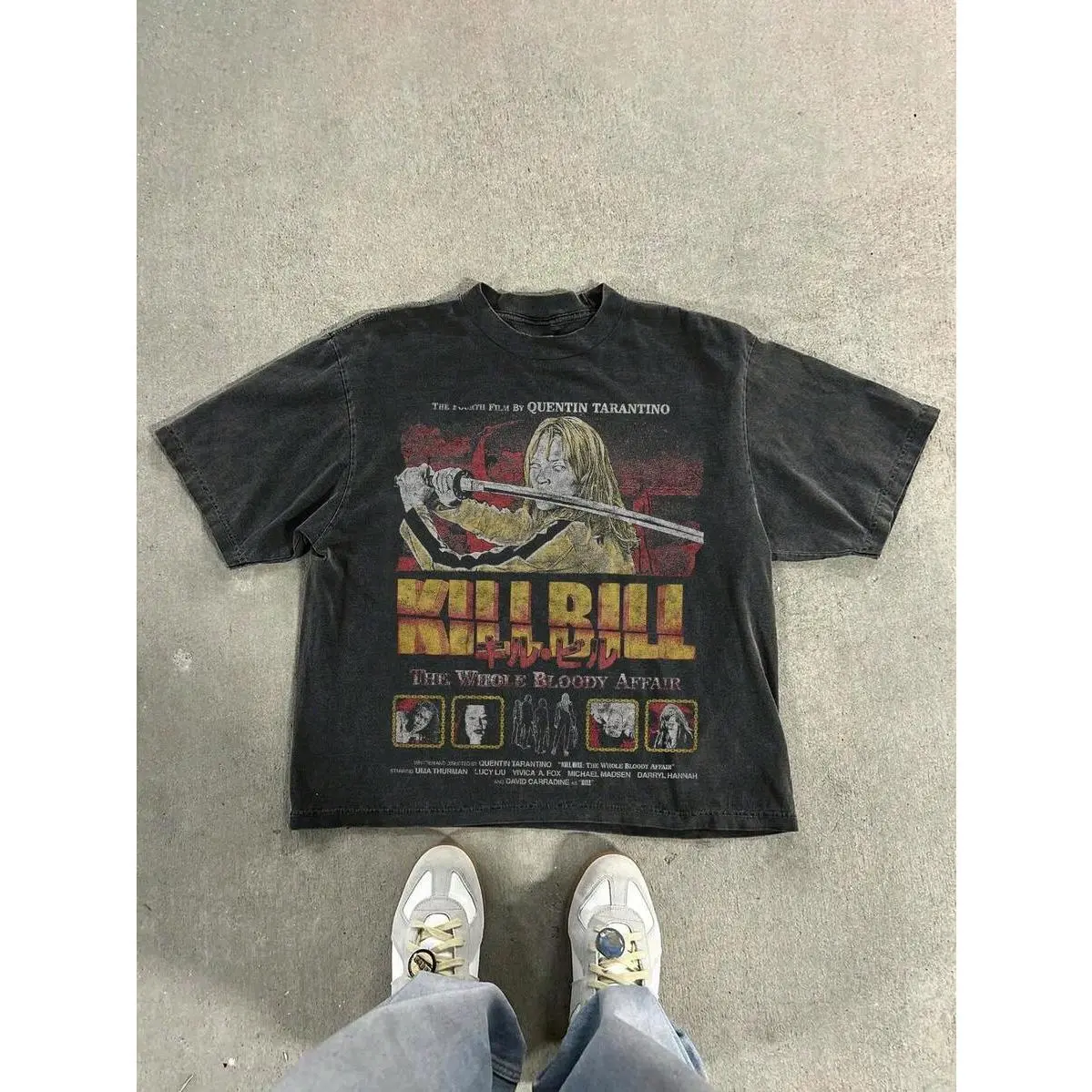 Vintage Washed Black Unisex T-shirt For Men Women, Kill Bill Cult Classic Movie Retro Poster Graphic Crew Neck Tee, Loose Oversized Casual T-shirt For Outdoor Daily Matching